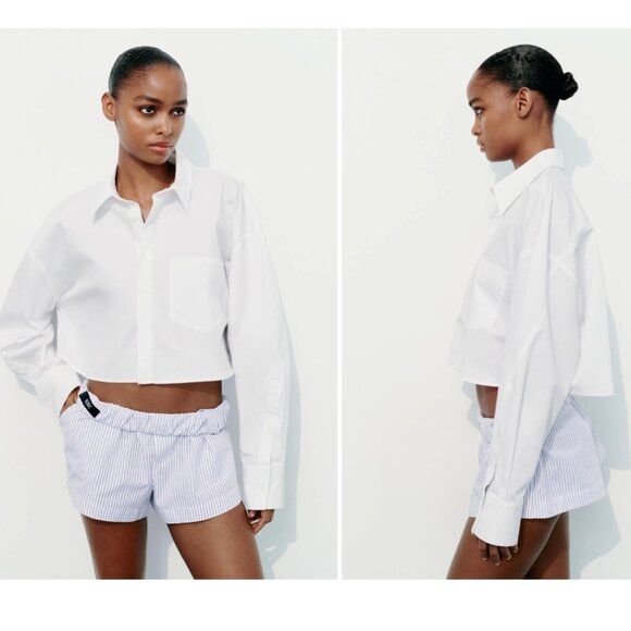NEW! Zara | Gabardine Fabric Cropped Shirt In White - Picture 2 of 12